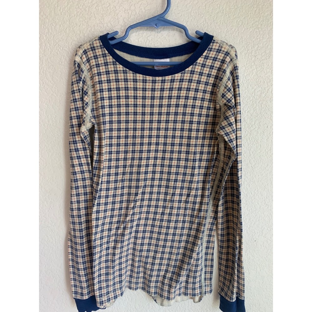 Hanna Andersson Kids Pajama Top Blue Plaid Modal Long Sleeve Shirt Size 10 140cm